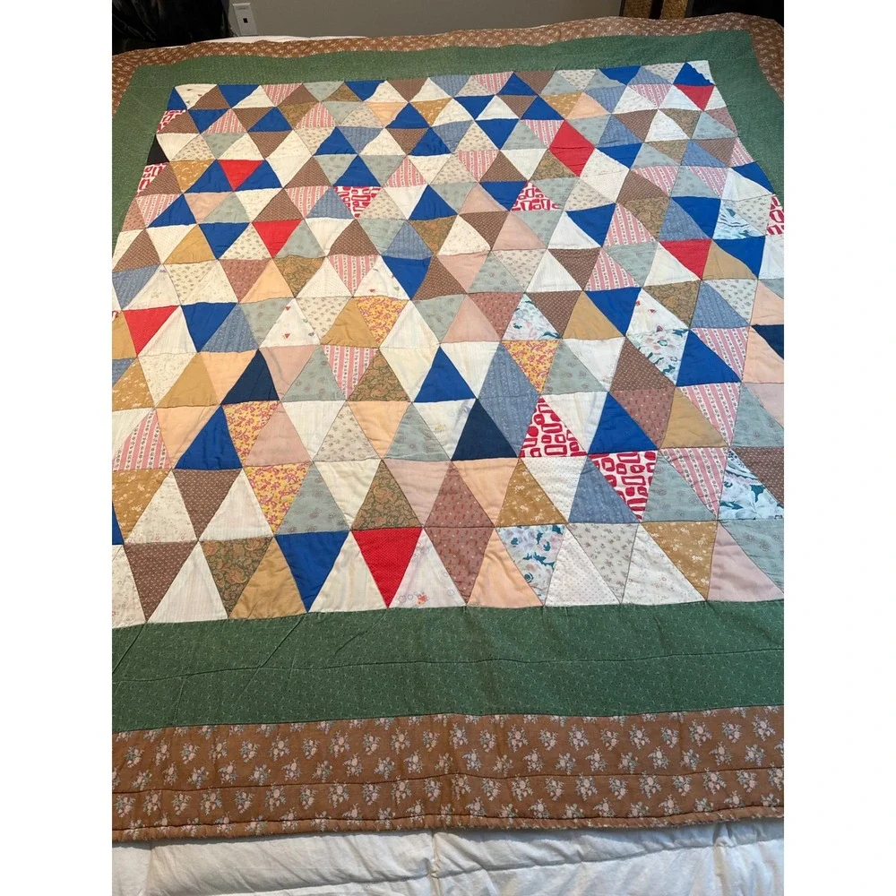 Antique Handmade Reversible Triangle Patchwork Quilt Cotton Geometric 74x72